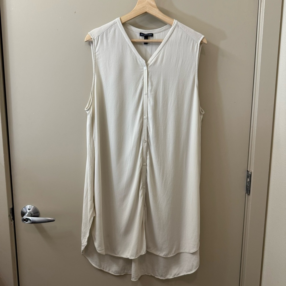 Eileen Fisher Bone 100% Silk Crepe Georgette Sleeveless Tunic Top Vest